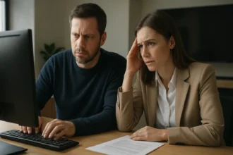 Két ember aggasztóan néz egy számítógép képernyőjére.