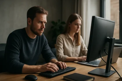 Két ember számítógép előtt dolgozik, a memória és pufferelés fontosságáról.