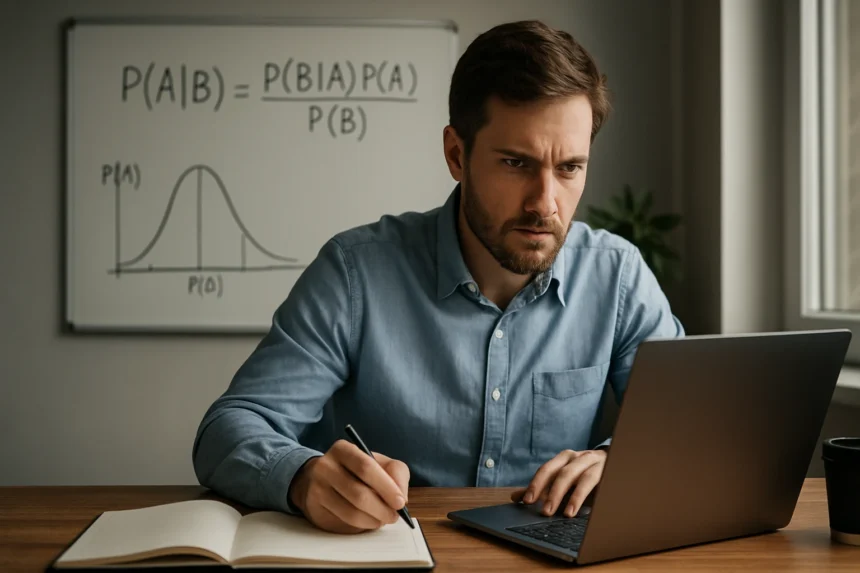 Férfi, aki a Bayes-tételt tanulmányozza laptopján és jegyzetfüzetében.