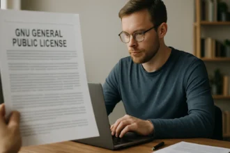 Férfi a GNU General Public License dokumentummal a számítógépe előtt