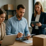 Szakképzett munkatársak együtt dolgoznak ellátásilánc-menedzsment feladatokon.