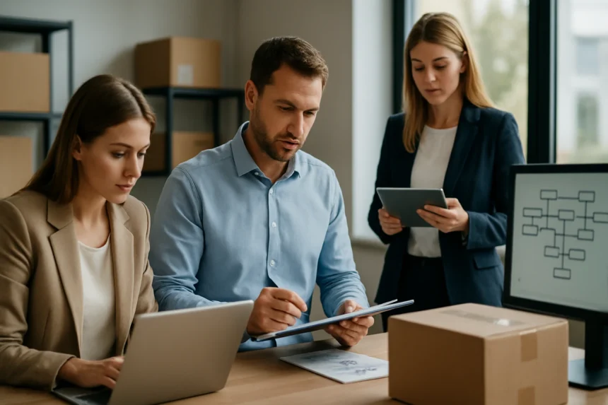 Szakképzett munkatársak együtt dolgoznak ellátásilánc-menedzsment feladatokon.