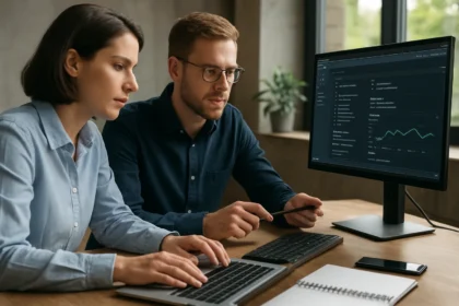 Két szoftvertesztelő a számítógép előtt, szoftverelemzés közben.