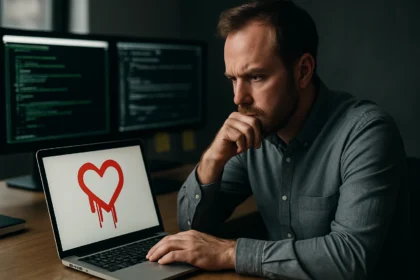 Programozó figyelmesen nézi a Heartbleed hibát jelképező grafikát a laptopján.