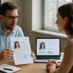 Két ember beszélget egy vásárlói perszónáról portfólióval.