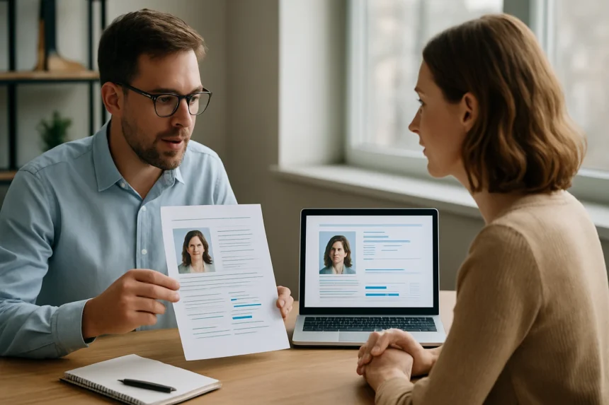 Két ember beszélget egy vásárlói perszónáról portfólióval.