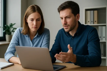 Két ember egy laptop előtt, mesterséges intelligencia keresőeszközről beszélgetnek.