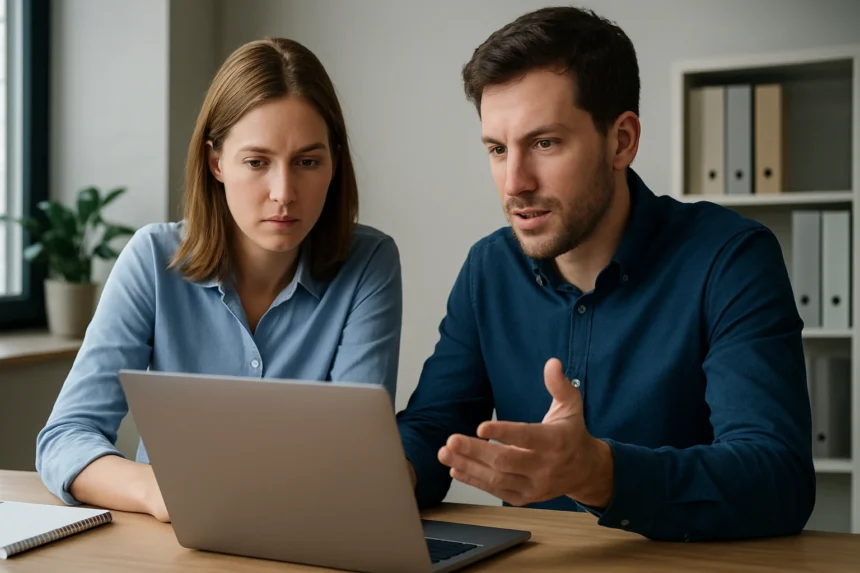 Két ember egy laptop előtt, mesterséges intelligencia keresőeszközről beszélgetnek.