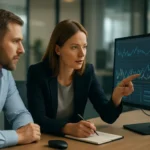 Két szakember elemzi a hálózati teljesítmény adatait egy monitoron.