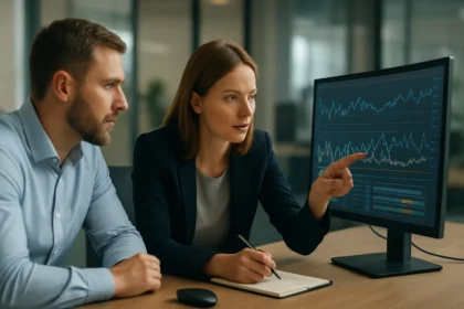 Két szakember elemzi a hálózati teljesítmény adatait egy monitoron.