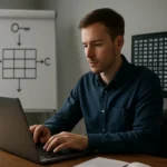 Férfi dolgozik egy laptopon blokkrejtjelezés témában