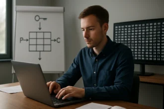 Férfi dolgozik egy laptopon blokkrejtjelezés témában