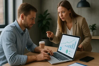 Két szakember digitális marketing kampányát elemzi a számítógépen