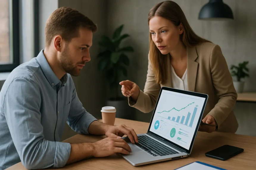 Két szakember digitális marketing kampányát elemzi a számítógépen