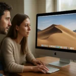 Két felhasználó a macOS Mojave operációs rendszert mutató iMac előtt.