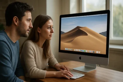 Két felhasználó a macOS Mojave operációs rendszert mutató iMac előtt.