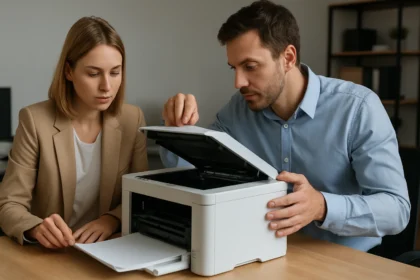 Két személy lézernyomtatóval dolgozik egy irodában.