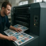 Ofszetnyomtatás technológiája egy nyomdában, nyomtatóval és nyomtatott anyaggal.