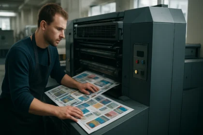 Ofszetnyomtatás technológiája egy nyomdában, nyomtatóval és nyomtatott anyaggal.