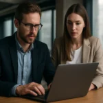 Két szakember dolgozik az AWS Bedrock generatív mesterséges intelligenciáján.