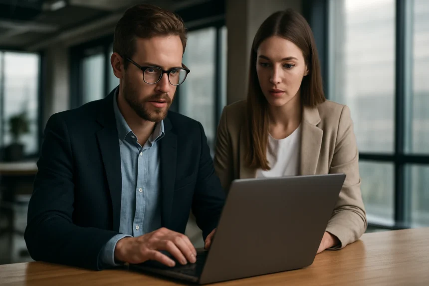 Két szakember dolgozik az AWS Bedrock generatív mesterséges intelligenciáján.