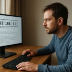 Férfi számítógépen dolgozik, IPv4 cím 192.168.0.1 látható a monitoron.