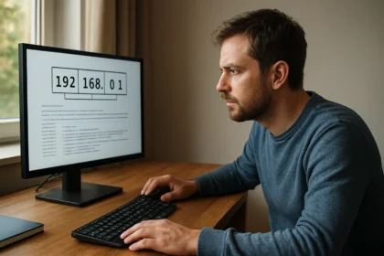 Férfi számítógépen dolgozik, IPv4 cím 192.168.0.1 látható a monitoron.