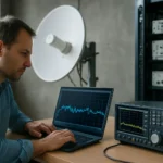 Férfi laptopon hut szignál elemzése a telekommunikációs laborban.