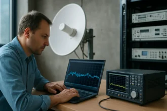 Férfi laptopon hut szignál elemzése a telekommunikációs laborban.