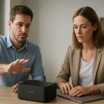 Két szakember érintés nélküli eszközkonfigurálást bemutató meeting során