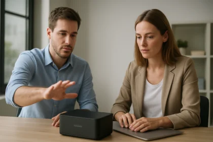 Két szakember érintés nélküli eszközkonfigurálást bemutató meeting során