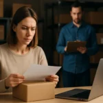 Nő visszaküldési engedélyt néz egy csomagon, online vásárlás folyamat.