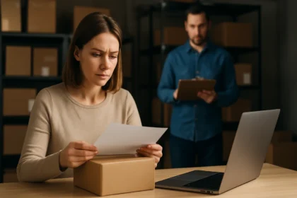 Nő visszaküldési engedélyt néz egy csomagon, online vásárlás folyamat.