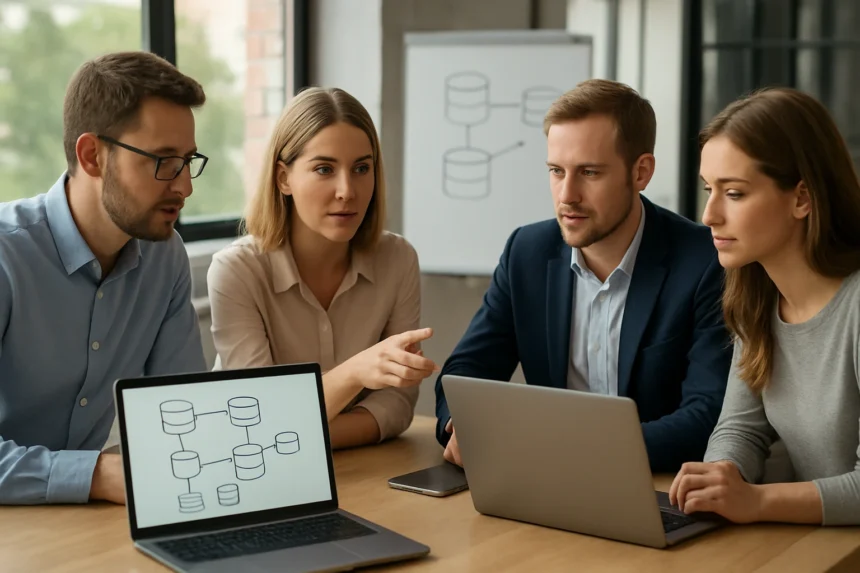 Belső megbeszélés a polyglot persistence adatbázis technológiáról.