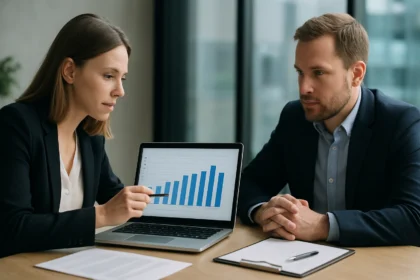 Két üzleti szakember beszélget a laptop előtt, melyen grafikon látható.