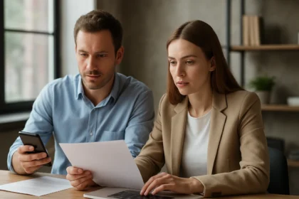 Két ember együtt dolgozik a keresőoptimalizálás URL-barát koncepcióján.