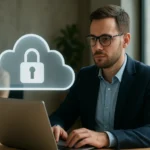 Férfi felhőbiztonsággal foglalkozik a számítógépén