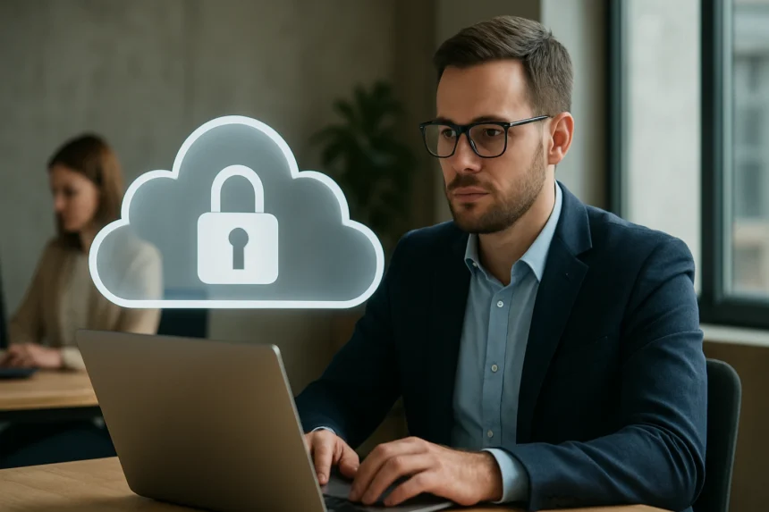 Férfi felhőbiztonsággal foglalkozik a számítógépén