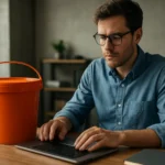 Fiatal férfi számítógépen dolgozik egy sárga vödör mellett.