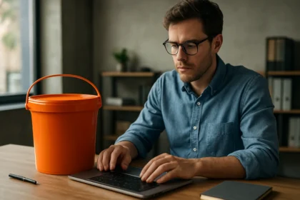 Fiatal férfi számítógépen dolgozik egy sárga vödör mellett.