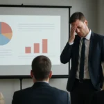 Férfi, aki PowerPoint bemutató közben stresszel birkózik.