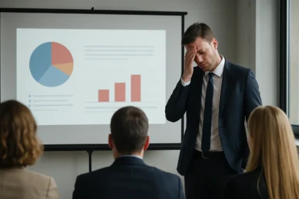 Férfi, aki PowerPoint bemutató közben stresszel birkózik.