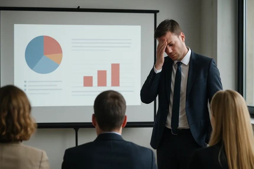 Férfi, aki PowerPoint bemutató közben stresszel birkózik.
