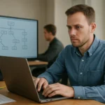 HDLC hálózati protokoll bemutatása egy asztalnál dolgozó szakember által.