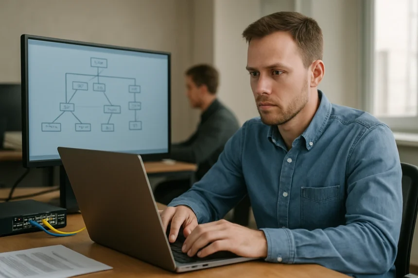 HDLC hálózati protokoll bemutatása egy asztalnál dolgozó szakember által.