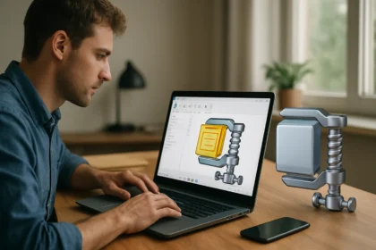 Férfi WinZip fájlarchiváló szoftver használat közben laptopon.