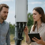 Két szakember bázisállomással dolgozik a szabadban