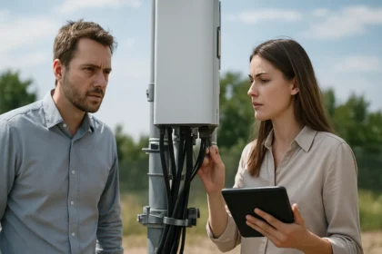 Két szakember bázisállomással dolgozik a szabadban