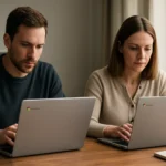 Két felhasználó Chromebookokat használva dolgozik egy asztalon.