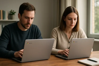 Két felhasználó Chromebookokat használva dolgozik egy asztalon.